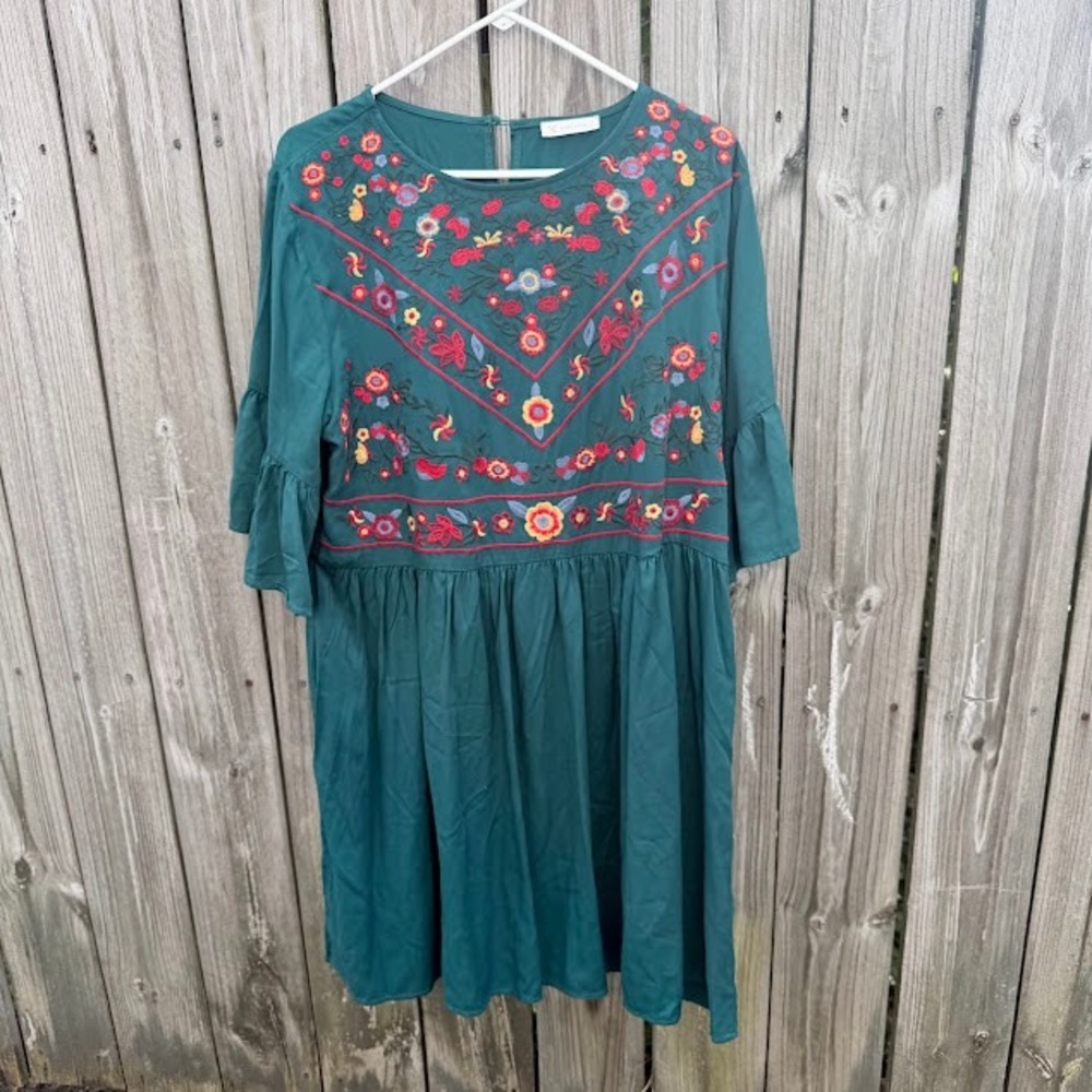 Boho Floral Embroidered Kirundo Mini Dress XL Teal Green Bell Sleeve Babydoll